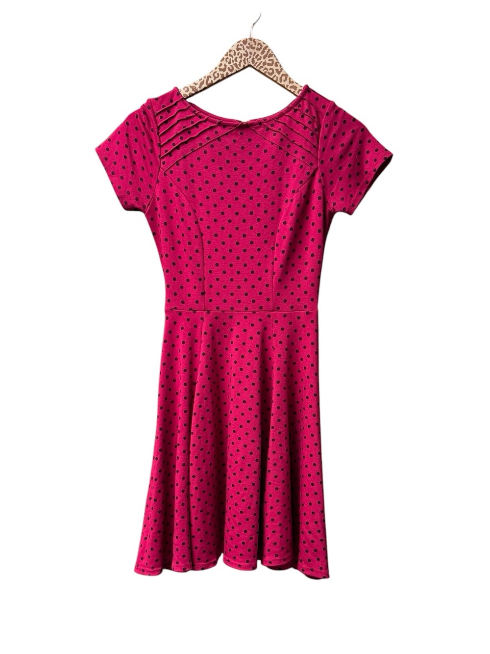 Unique Vintage Polka Dot Short Sleeve Mini Dress Raspberry Pink Black 4 Small